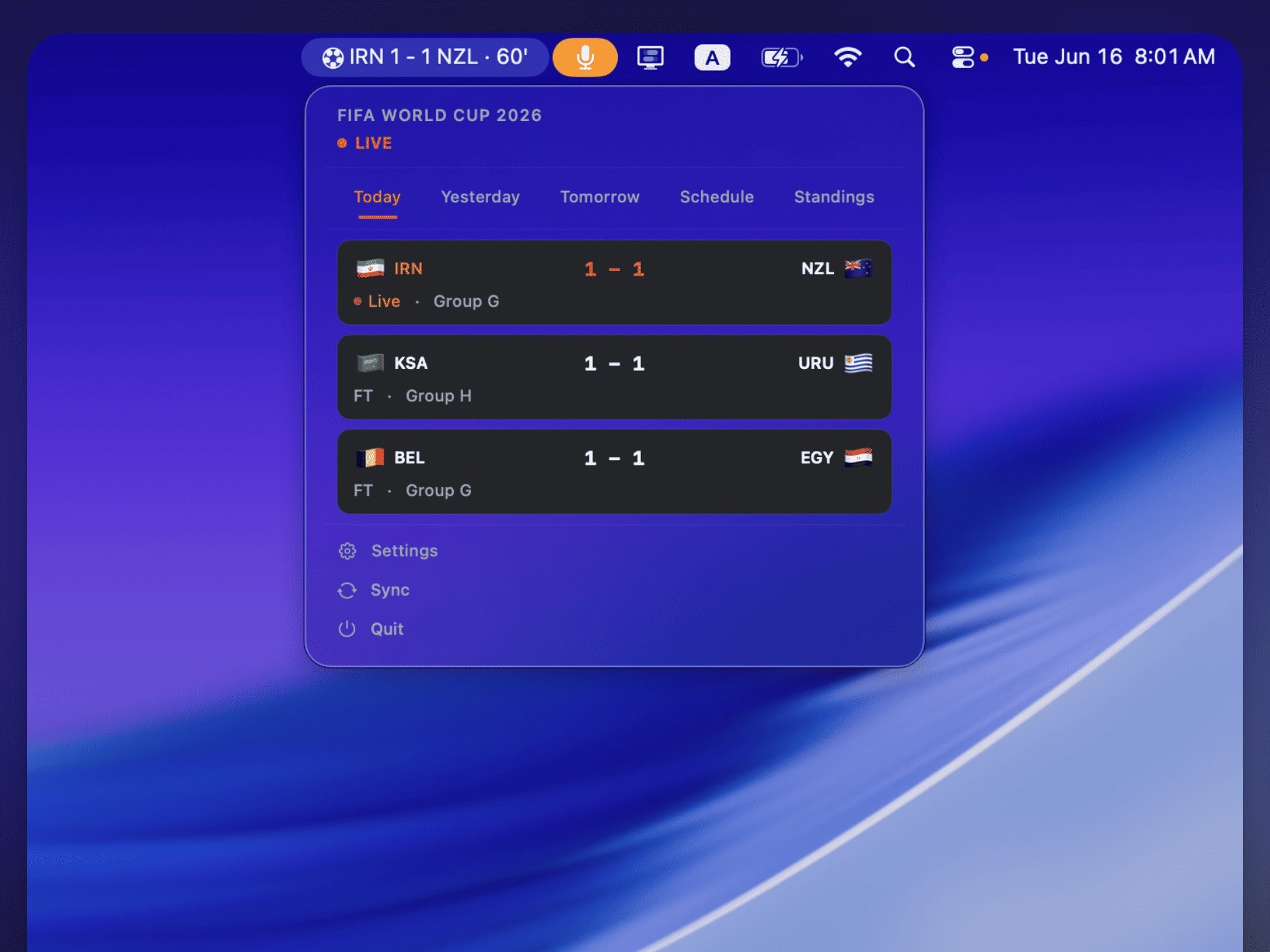 FIFAWC Scores panel showing live World Cup matches with dark glass UI