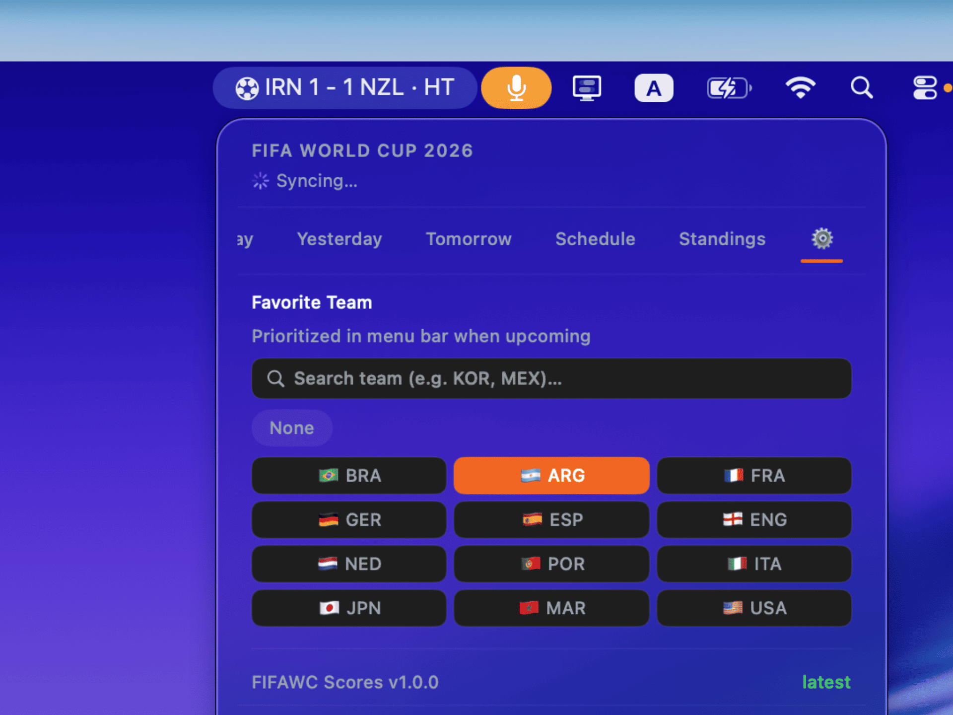 Settings tab with API key input, poll interval slider, and favorite team picker